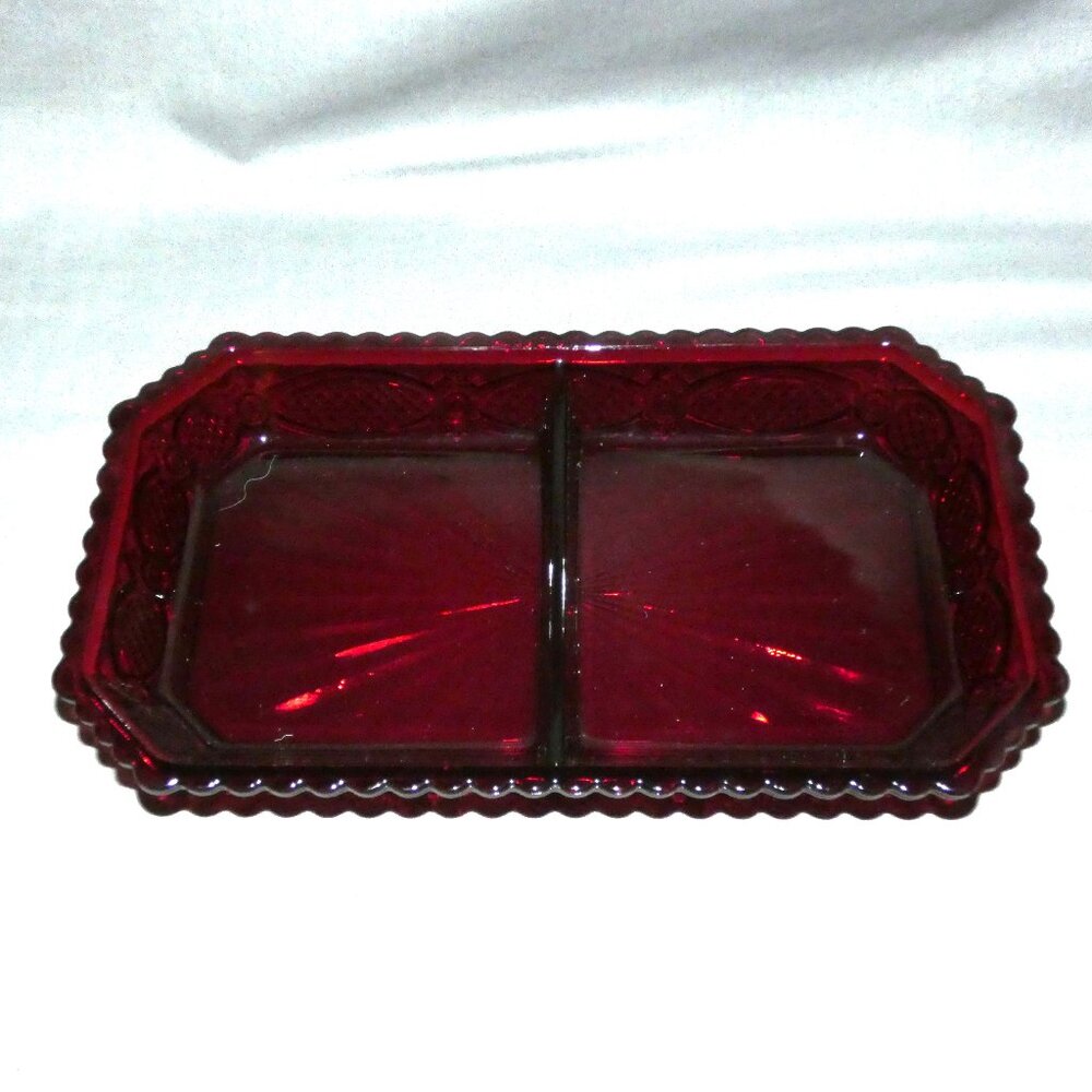 Vintage Avon Ruby Red Glass Divided Relish Dish Condiment Tray